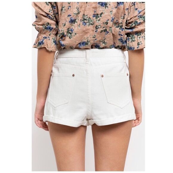 WHITE denim shorts w/ button closure & folded Hem - Picture 3 of 12